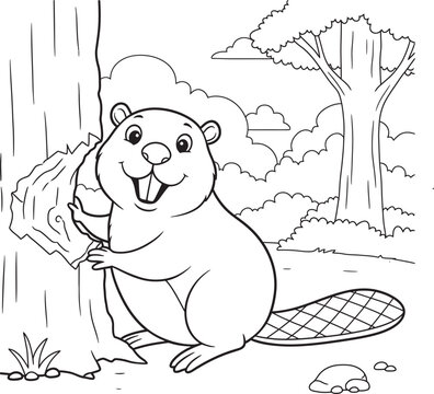 Beaver animals line art and outline coloring pages 