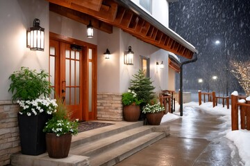 Snow falling at night on a house entrance with plants and lights