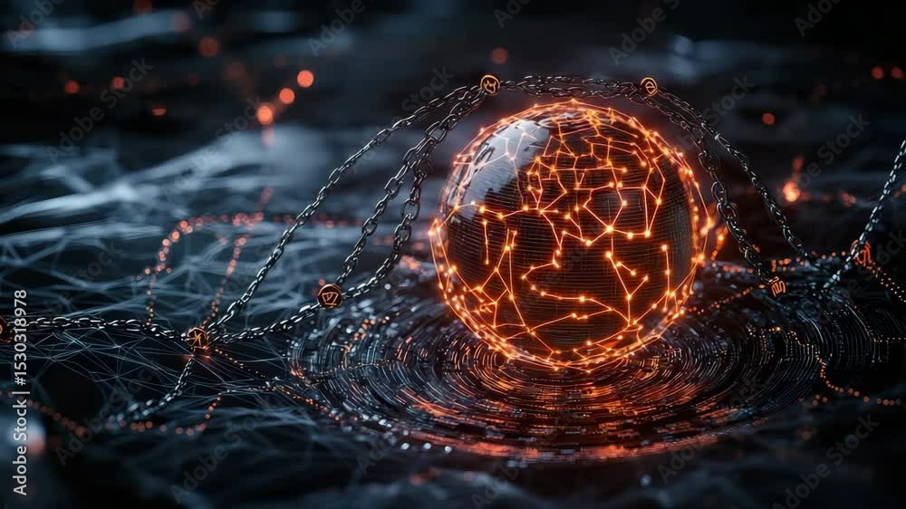 Poster A glowing digital sphere connected by chains, symbolizing blockchain links in a futuristic digital network.
