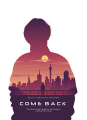 Silhouette Man with Cityscape Sunset – Emotional Double Exposure Poster Illustration
