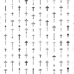 Seamless Pattern of Hand-Drawn Christian Crosses in Black and White for Religious Backgrounds.