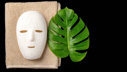 Facial mask, towel, and leaf on black