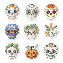 Colorful Sugar Skulls and Autumnal Pumpkins Pixel Art Stickers