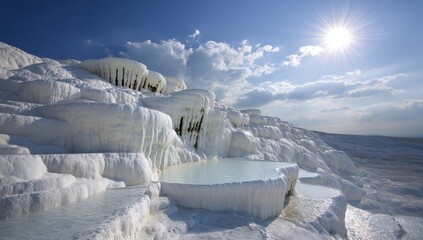 White terraced landscape bathed in sunlight