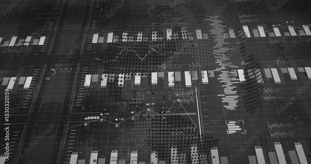Poster bar chart appearing visualizing data with bars extending, line graph overlaying, globe rotating
