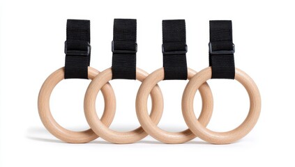Four wooden rings, each with a black strap