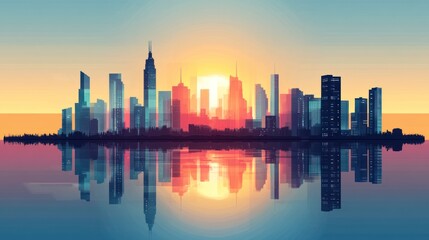 City skyline sunrise reflection, urban landscape, vibrant colors, calm water, artistic representation, beautiful scenery, perfect for backgrounds, posters