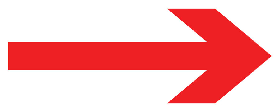 Red arrow icon. Straight long left vector arrow icon. Red large forward or right pointing solid long arrow icon sketched as vector symbol illustration, eps 10