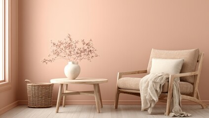 Soft peach room with wooden chair and coffee table