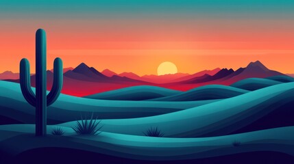 Desert Sunset Landscape Illustration, Vivid Colors,  Mountains, Cacti