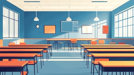Empty Classroom Interior; Sunlight Through Windows; Educational Setting; Stock Photo
