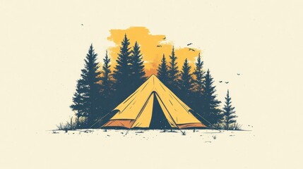 Forest Camping Scene Sunset Illustration