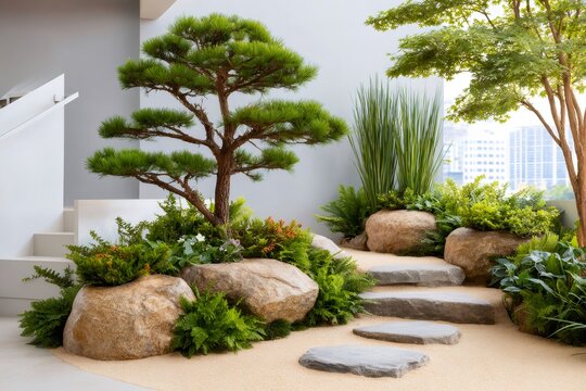 Japanese garden with pine tree and stepping stones decorating modern building