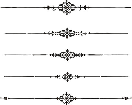 Set of Five Elegant Black Ornate Dividers, Borders, and Decorative Line Separators