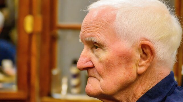 Elderly man with short white hair and aged skin in profile view, wearing a dark blue garment, set against a softly blurred wooden background with shelves and warm lighting, creating a serene and intim