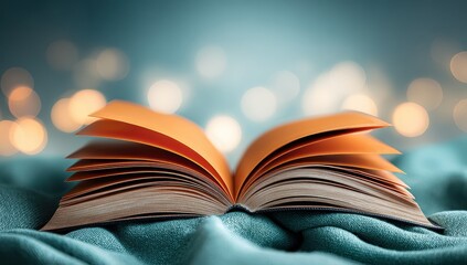 Open book on teal fabric, warm lights