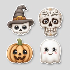 Cute Halloween Stickers Cartoon Skull, Pumpkin, Ghost, and Witch