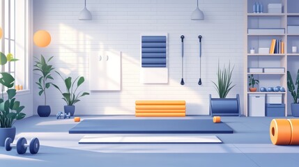 Modern home gym interior, sunlight, fitness equipment