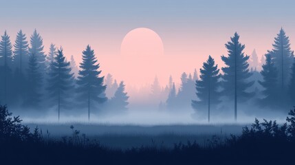 Misty forest at sunrise, artistic illustration, peaceful scene, stock photo