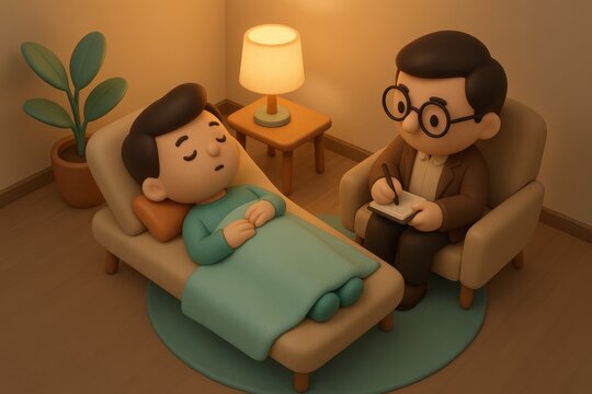 Cartoon patient lying on a couch during a therapy session with a male therapist taking notes. Warm lighting, calm atmosphere, cozy room, 3D clay-style illustration.