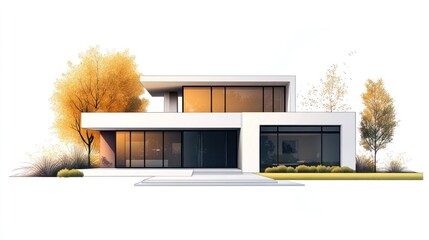 Modern house exterior autumn setting, architectural design, illustration
