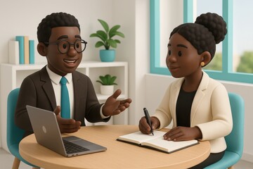 Obraz premium Cartoon man and woman therapists discussing notes at a table with a laptop and notebook. Bright office, teamwork and professional collaboration, 3D clay-style illustration.