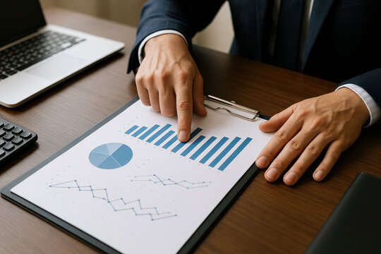 Financial report with charts and graphs on clipboard showing data analysis and finance trends for business strategy and investment decisions in office setting