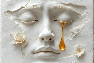 “A white face in low-relief with closed eyes, a single golden teardrop falling from one eye — emotive, minimalist, and deeply symbolic.”
