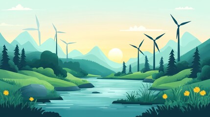 Scenic mountain river landscape with wind turbines at sunrise. Use Stock photo for environmental conservation