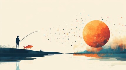 Silhouette Fisherman Casting Line into Large Abstract Sunset