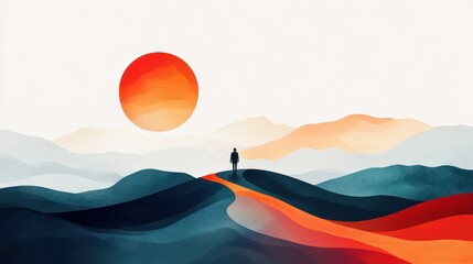 Silhouette figure atop hill, vibrant landscape sunset, abstract art, serene moment