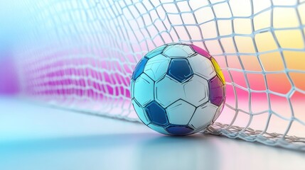 Soccer ball entering a goal, vibrant colors, net, studio shot. Use Stock photo for sports, soccer, or digital design