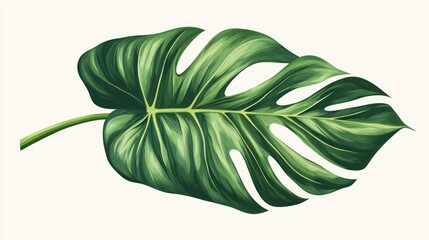 Tropical Monstera Leaf Isolated on White Background, Botanical Illustration