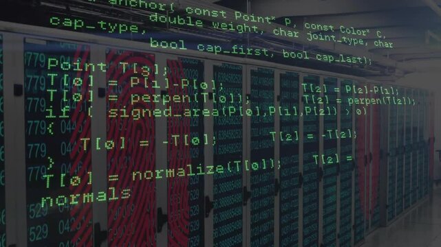 Vertically scrolling green C code starting InternetReadFile over red fingerprint server racks