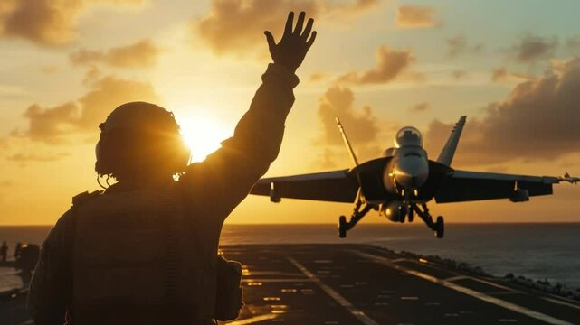 Pilot Silhouette at Sunset: A silhouetted pilot waves as a fighter jet lands on an aircraft carrier deck during a breathtaking sunset.