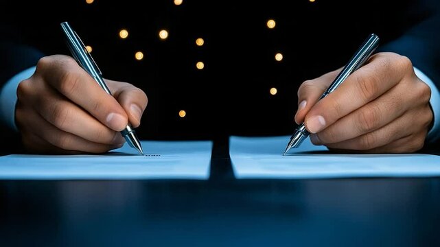 Contract Signing: Two Hands Signing Important Documents
