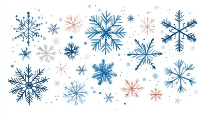 Winter snowflakes, various shapes, colors, and sizes, graphic design
