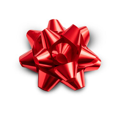 Red gift bow on transparent background, three-quarter view