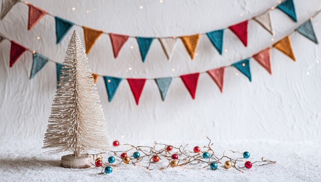 Festive Christmas scene with a small tree and colorful bunting