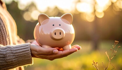 Saving money coin into piggy bank in hand closeup Copy space Panorama