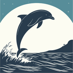 Illustration of a Dolphin Leaping from the Ocean Under a Starry Night Sky
