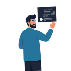 illustration of a bearded man presenting data on a chart. Business concept of analytics, performance review, and teamwork. Corporate man giving a presentation in an office setting