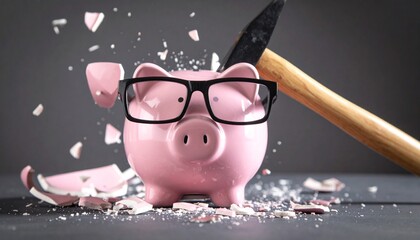 Saving money coin into piggy bank closeup Hit with a hammer