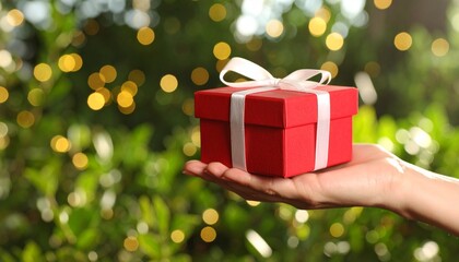 Mock-up gift box with bow in hand