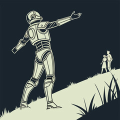 Retro Robot Reaching Out to a Couple on a Hill, Vintage Style