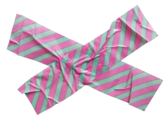 Torn crumpled cross adhesive pink and green diagonal stripes pattern tape on transparent background. x sign. 2 piece of cross plastic, glossy shine texture.