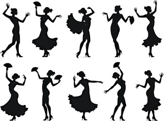 Silhouetted Flamenco Dancers: Elegant Black Shapes on White Background Performing Traditional Dances