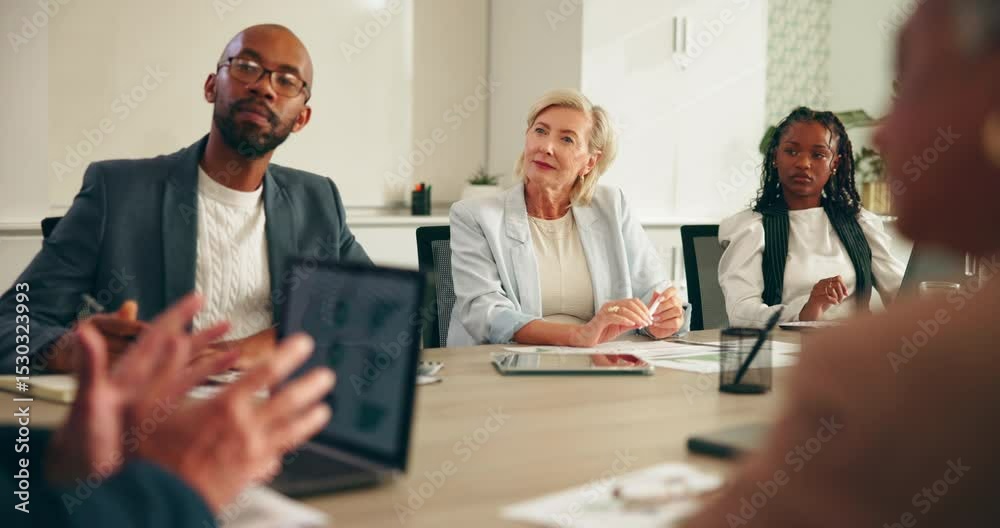 Aufkleber business people, meeting and discussion with team in conference for company performance or review. g
