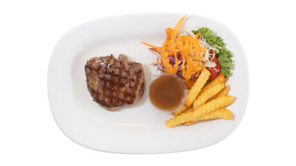 Grilled Beef Steak with Crinkle-Cut Fries, Salad, and Brown Sauce on White Plate