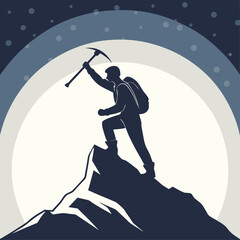 Silhouette of a mountain climber reaching the summit with ice axe raised triumphantly